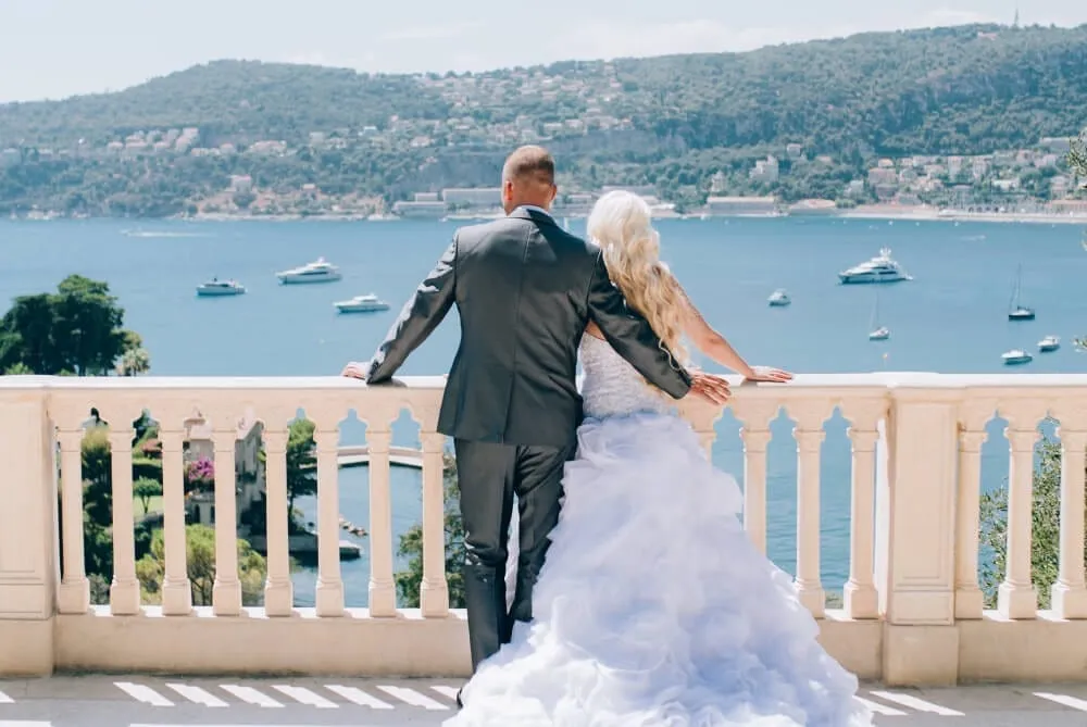 Villa Ephrussi de Rothschild wedding couple on the terrace above Villefranche bay