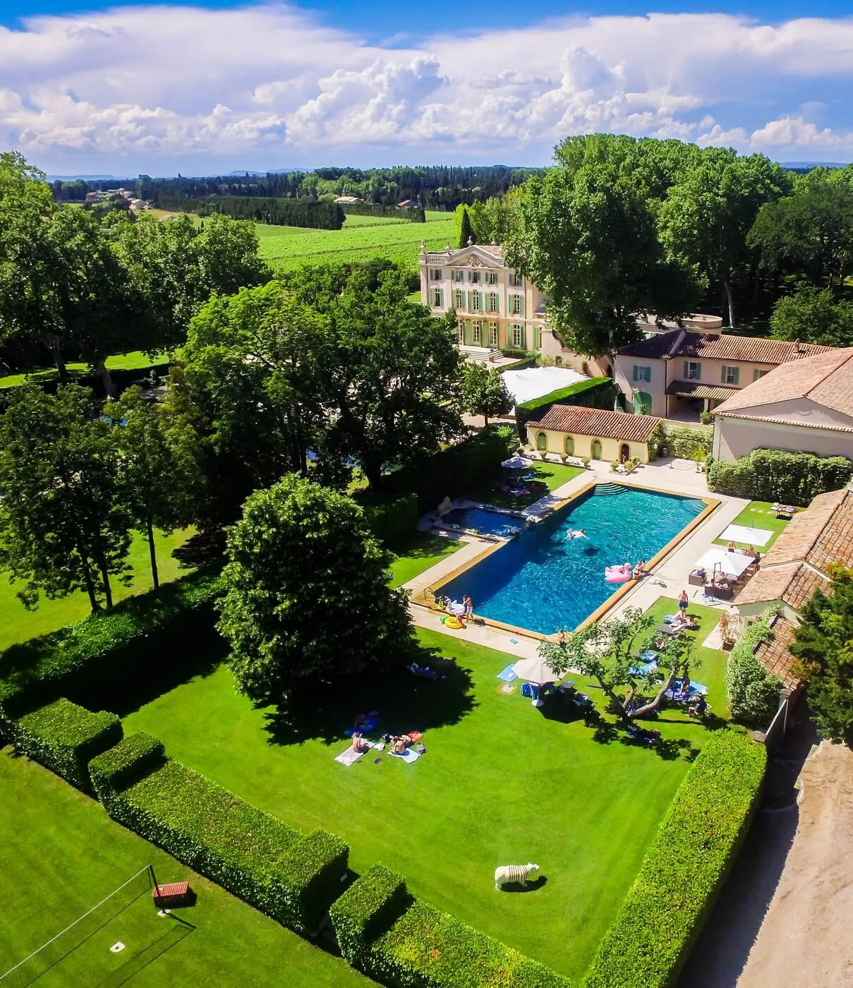 Chateau de Tourreau wedding pool party from the air
