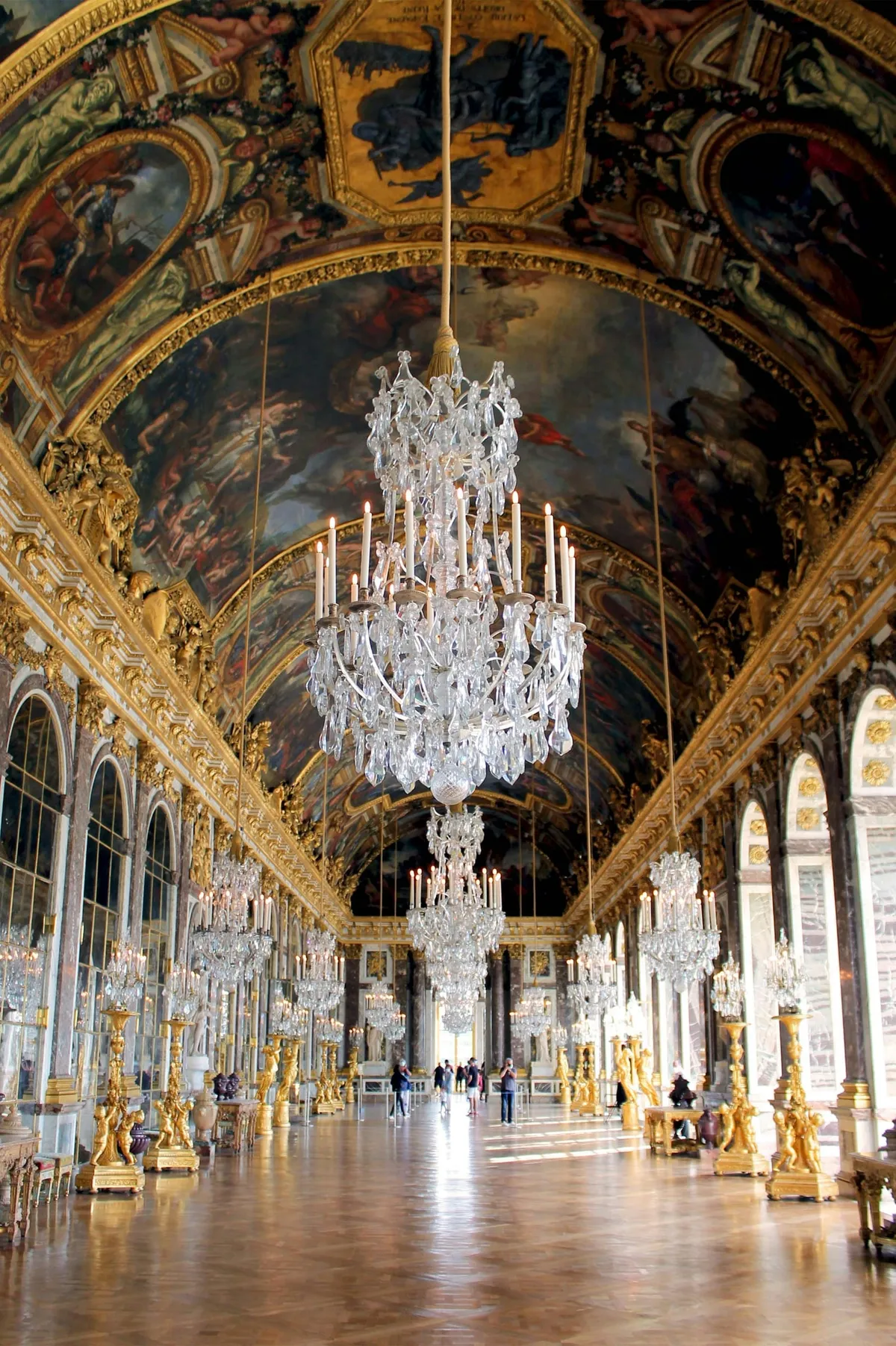 Palace of Versailles wedding venue the Hall of Mirrors ceiling and chandeliers