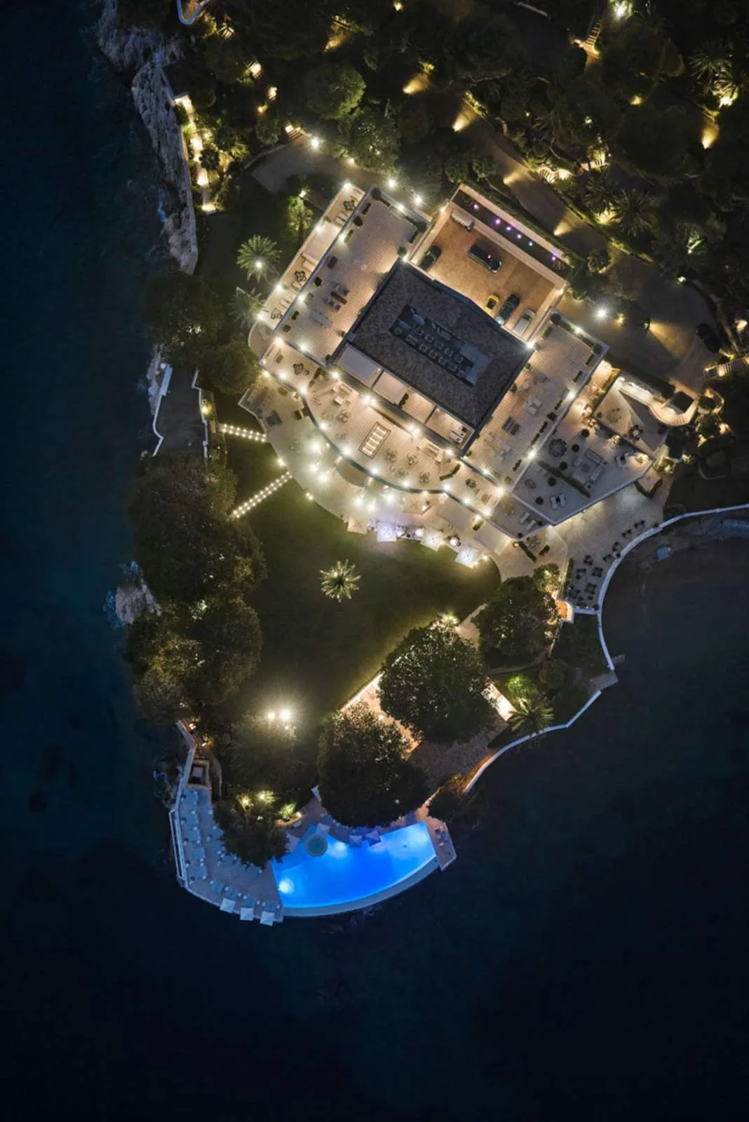 Cap Estel wedding reception space from the air at night
