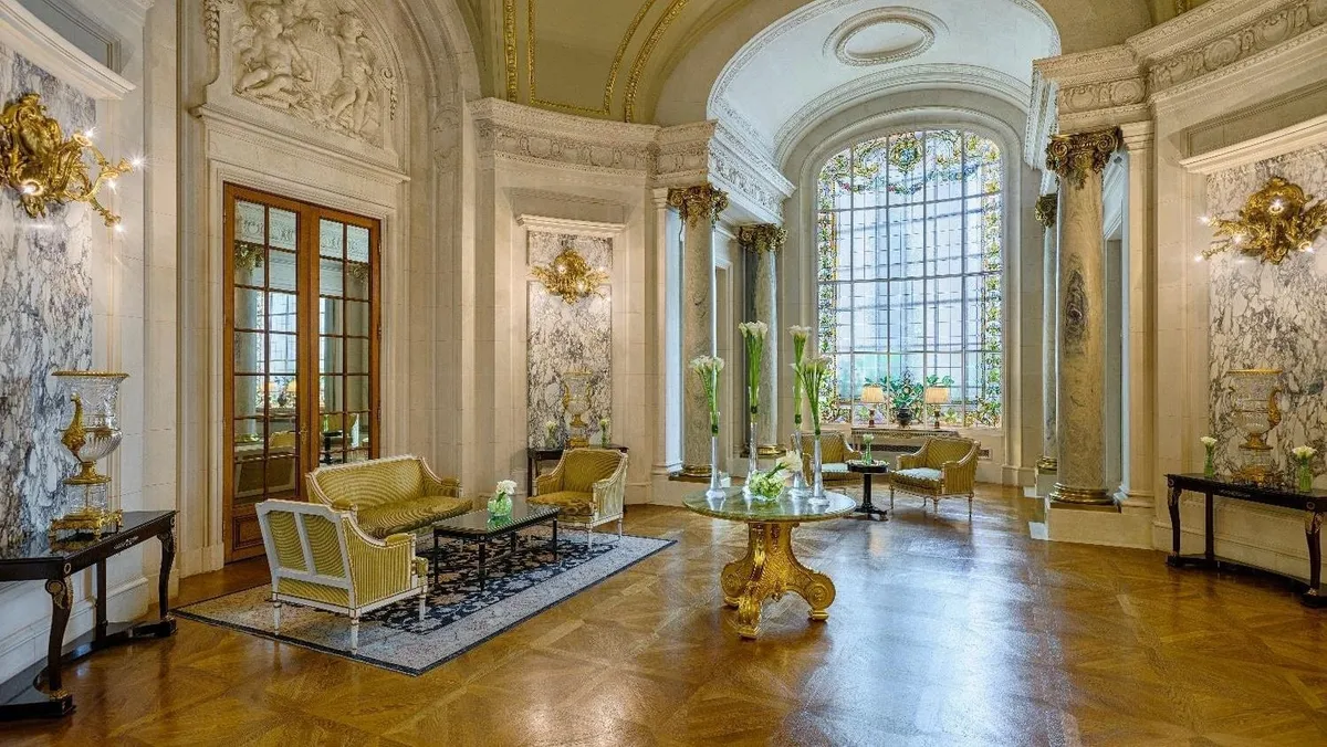 Shangri-La Paris wedding reception in the Gallery under its stained glass