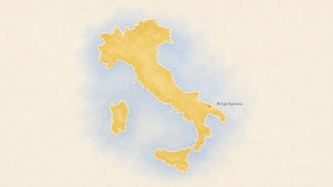 Watercolour map of Italy showing Borgo Egnazia on the Adriatic coast of Puglia, between Bari and Brindisi