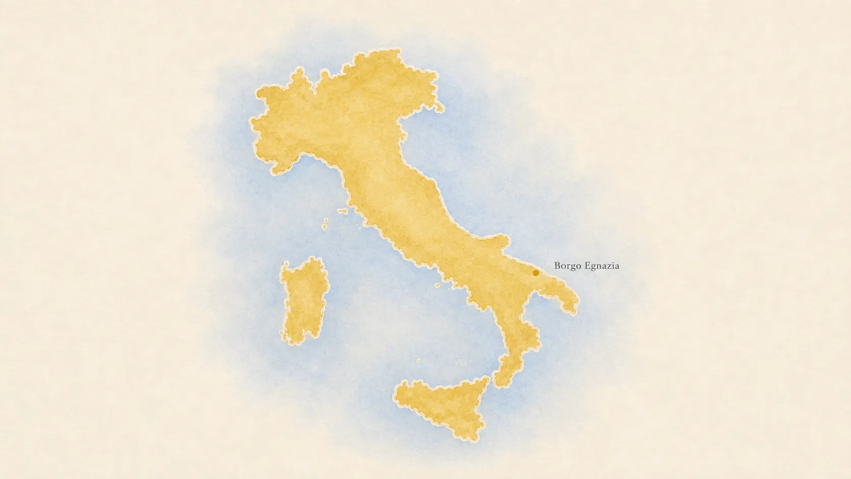 Watercolour map of Italy showing Borgo Egnazia on the Adriatic coast of Puglia, between Bari and Brindisi