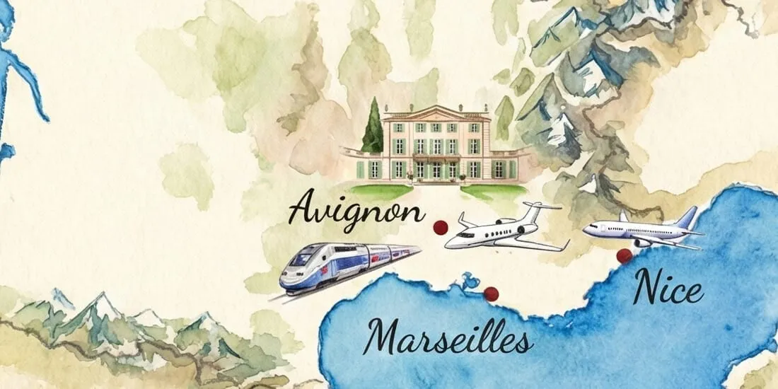Watercolour map of Provence showing Château de Tourreau in relation to Avignon, Marseille and Nice, with rail and flight routes marked