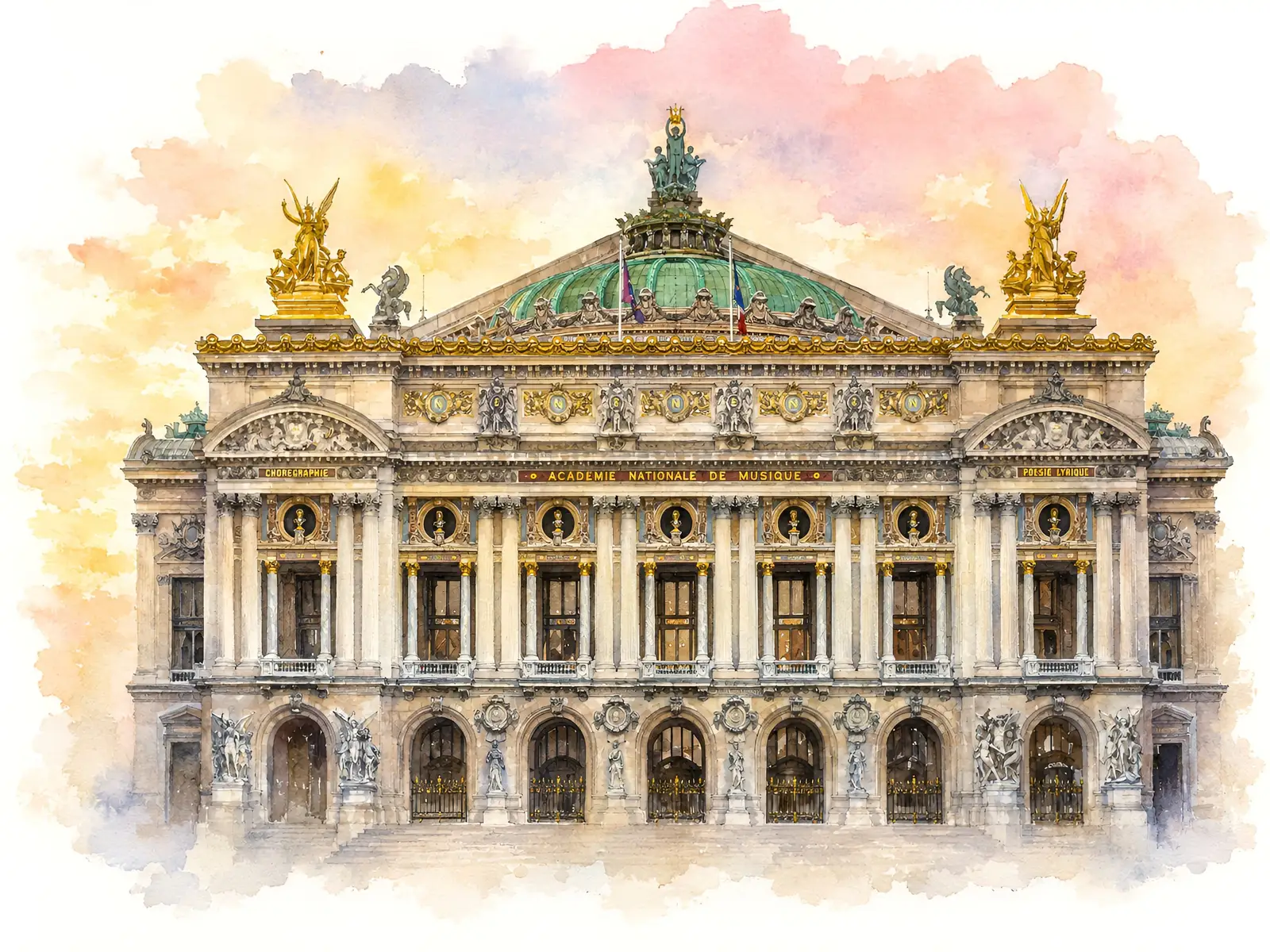 Watercolour of the Palais Garnier from Place de l'Opéra, its columns and gilded roof figures against a washed evening sky