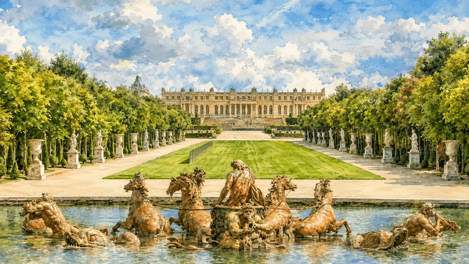 Watercolour of the Palace of Versailles seen from the gardens across the Apollo fountain, its long façade behind the lawns and clipped avenues