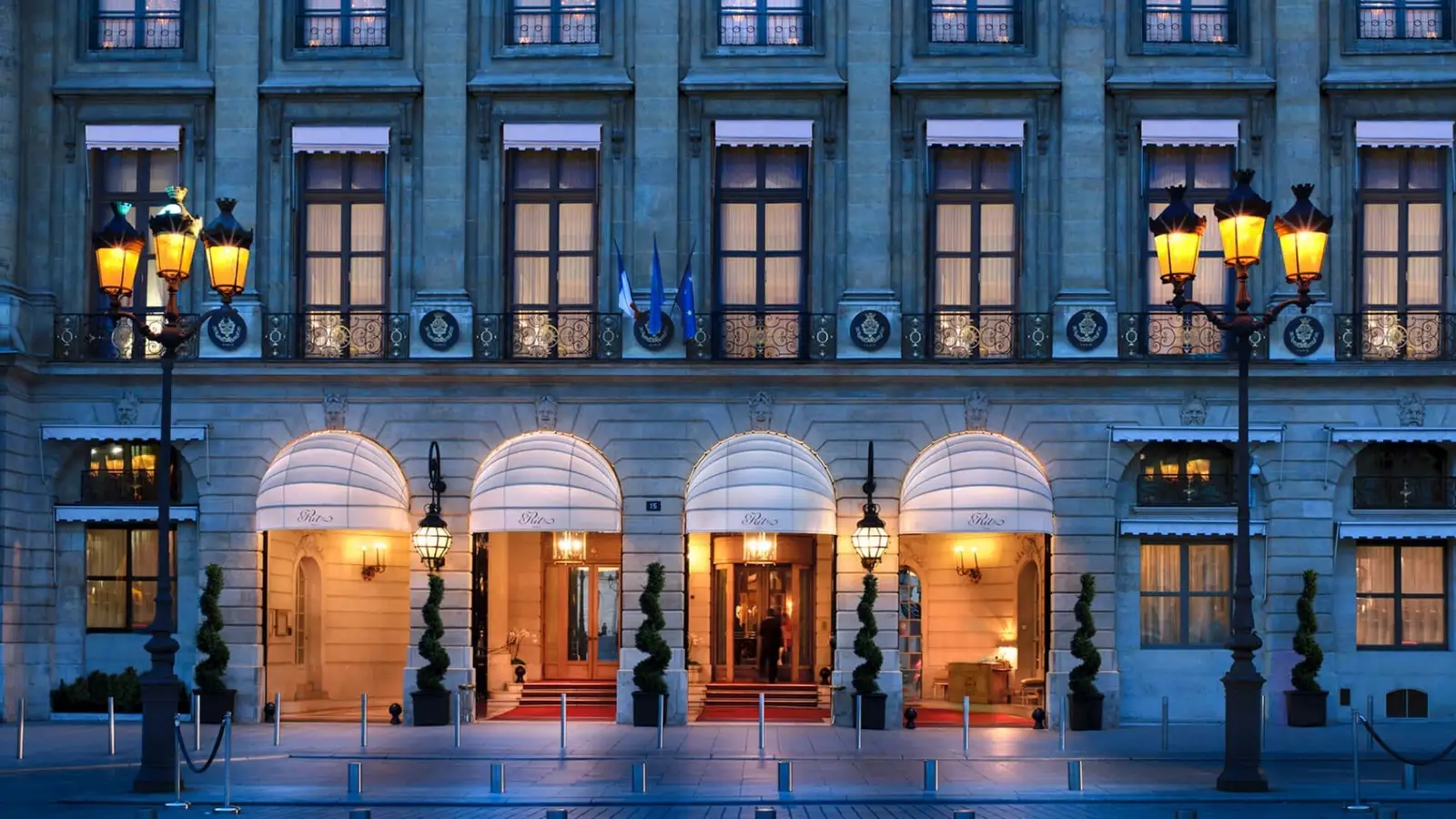The Ritz Paris on Place Vendôme, its façade and awnings above the square that has stood for French elegance since 1898