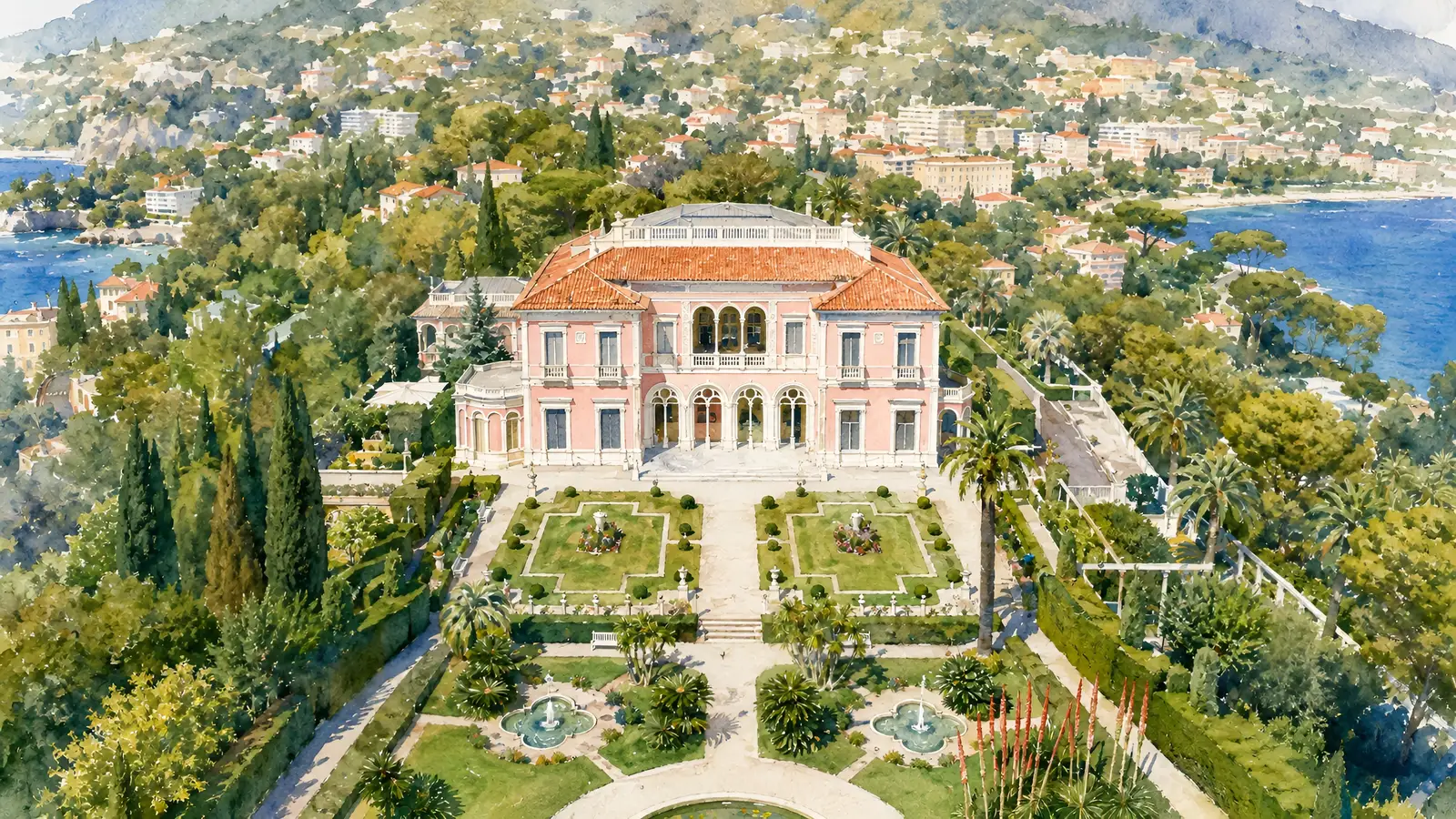 A watercolour of the Villa Ephrussi de Rothschild from above, its rose-pink villa and formal gardens filling the Saint-Jean-Cap-Ferrat promontory between two bays
