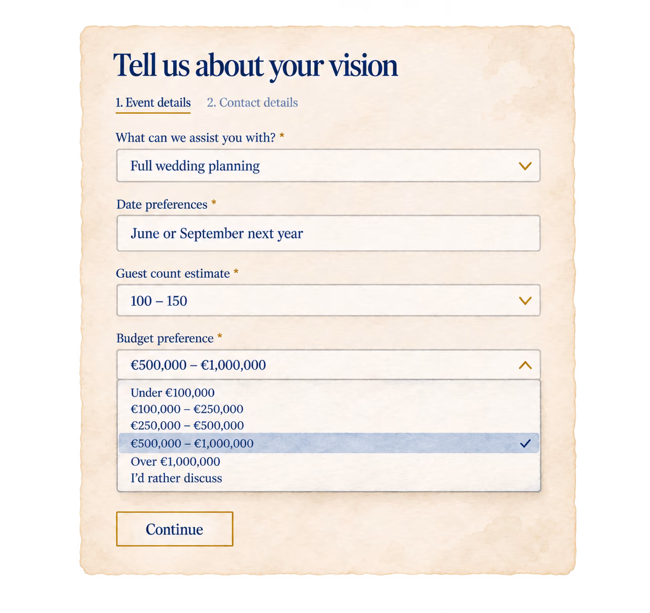 A filled-in inquiry form on aged paper: full wedding planning, June or September next year, 100 to 150 guests, and a budget being chosen.
