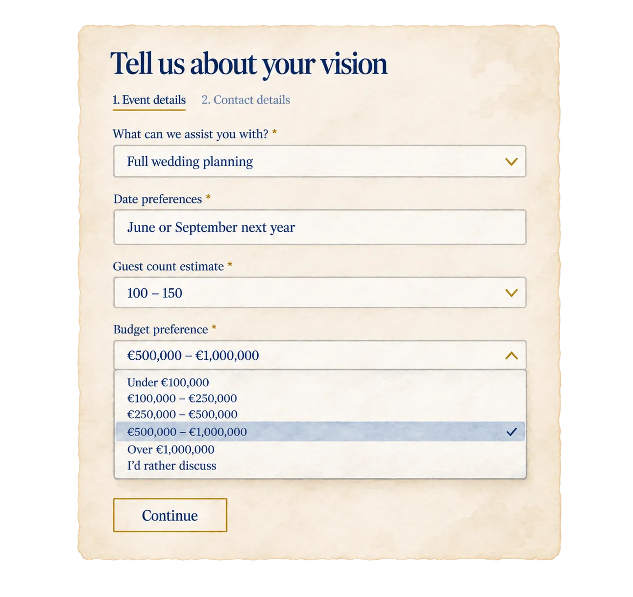 A filled-in inquiry form on aged paper: full wedding planning, June or September next year, 100 to 150 guests, and a budget being chosen.