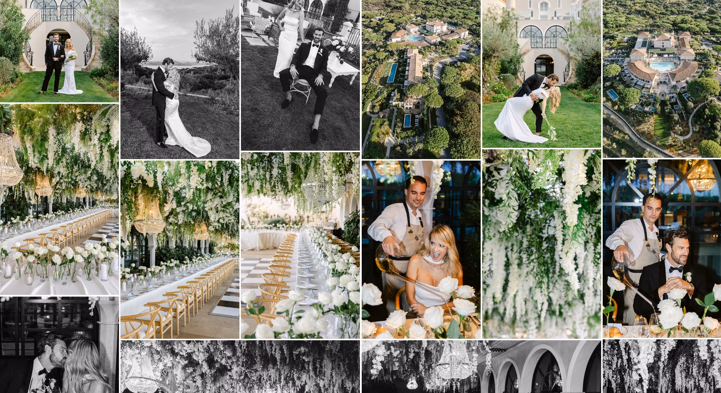 A grid of photographs from the wedding: portraits, the house and its gardens from the air, and the dinner under hanging greenery.