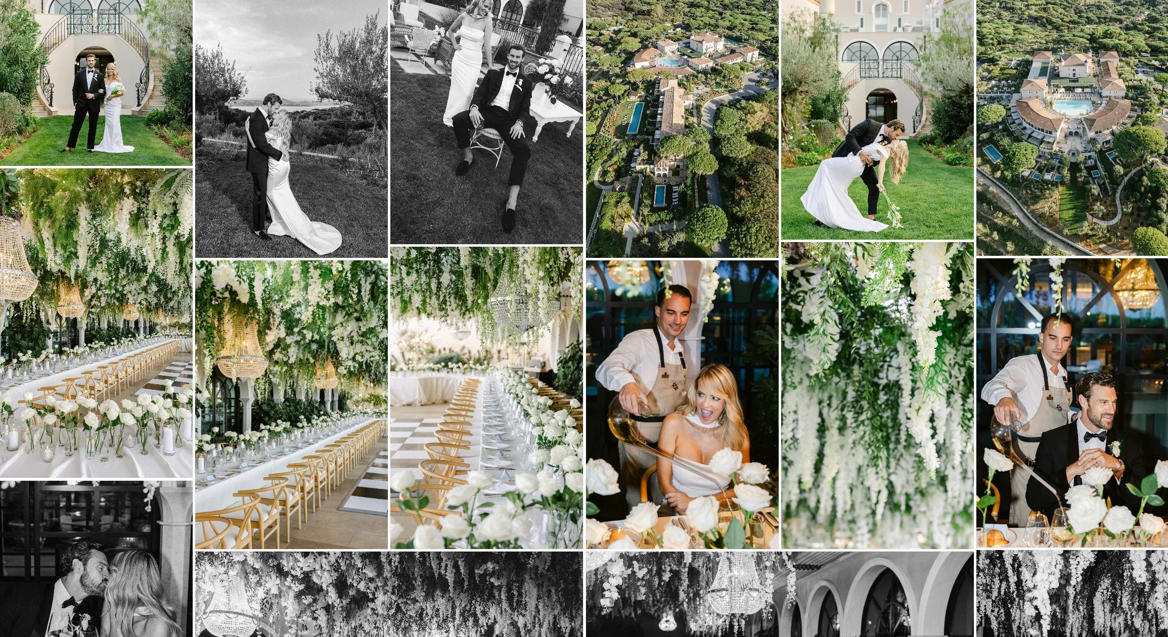 A grid of photographs from the wedding: portraits, the house and its gardens from the air, and the dinner under hanging greenery.