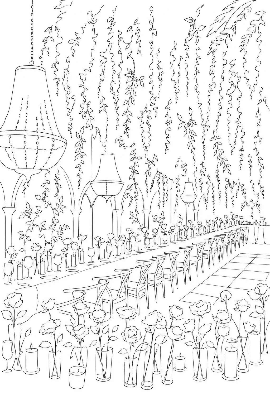 A line drawing of a long banquet table beneath hanging greenery and a chandelier.