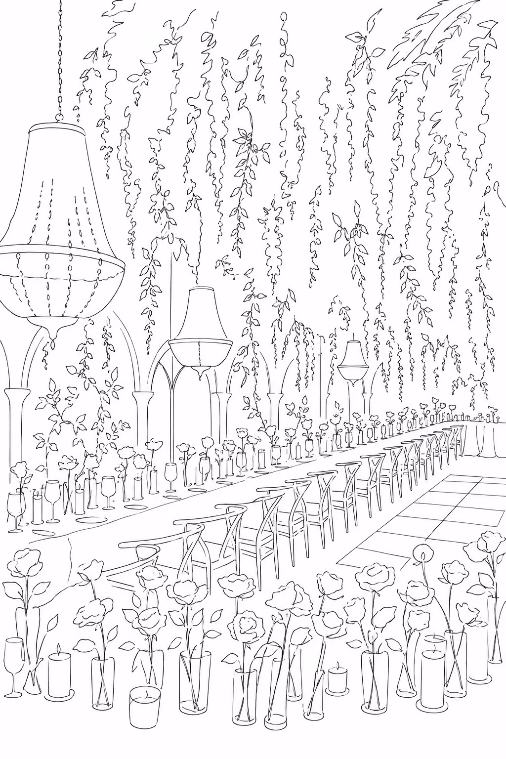 A line drawing of a long banquet table beneath hanging greenery and a chandelier.