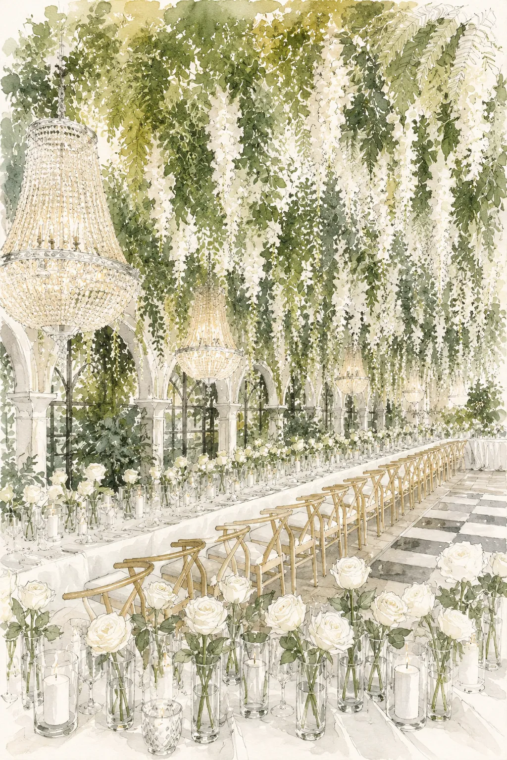The same scene as a finished watercolour, the chandelier crystal and the flowers drawn in detail.