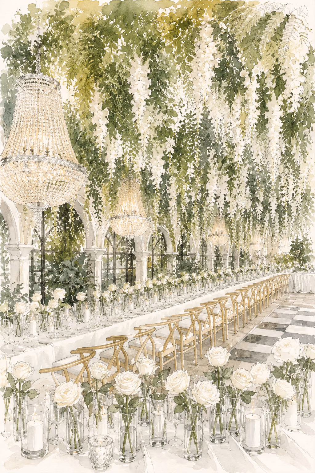 The same scene as a finished watercolour, the chandelier crystal and the flowers drawn in detail.