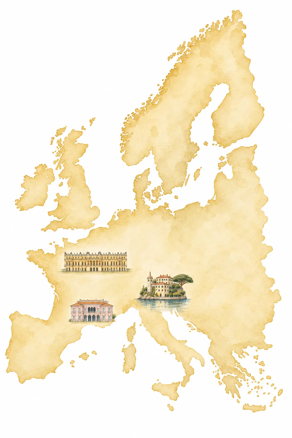 A watercolour map of Europe with three venues drawn on it: a palace in northern France, a villa in the south, and an island villa on an Italian lake.